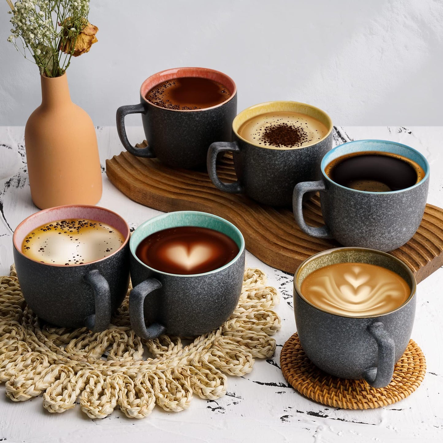 MIAMIO - 6 x 470 ml Coffee Cups/Mug Set/Coffee Cup Large/Modern Stoneware Coffee Mugs - Las Palmitas Collection