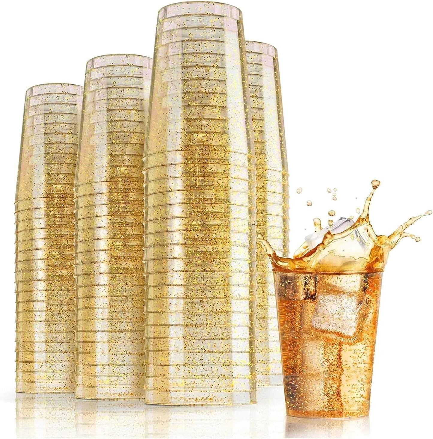 Woobroo 50 Pack Plastic Cups, 285ml/10oz Plastic Party Cups with Gold Glitter Reusable Plastic Glasses, Tumblers, Gold Cups for Drinks, Cocktail,