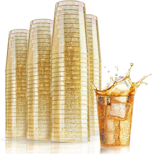 Woobroo 50 Pack Plastic Cups, 285ml/10oz Plastic Party Cups with Gold Glitter Reusable Plastic Glasses, Tumblers, Gold Cups for Drinks, Cocktail,