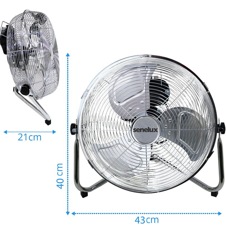 Senelux Floor Fan - Chrome Gym Fan - Electric Portable Cooling Fan for Home/Gym/Office Use - 3 Speed Settings with Tilting Feature - High Velocity