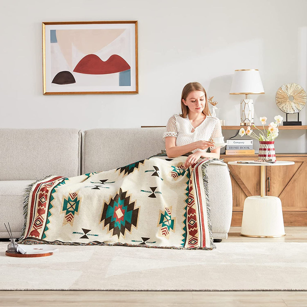 VANJOROY Aztec Sofa Large Throw Blanket with Tassels,100% Handwoven Cotton Tribal Bohemian Navajo Armchair Throw for 2 3 Seater Settees Couch and Bed.