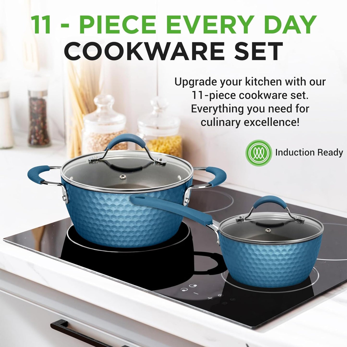 NutriChef 11 Pc Pots and Pans Set Non Stick Cookware with Ceramic Coating, Ergonomic Handles, Induction Ready, Includes Saucepan, Dutch Oven, Large &