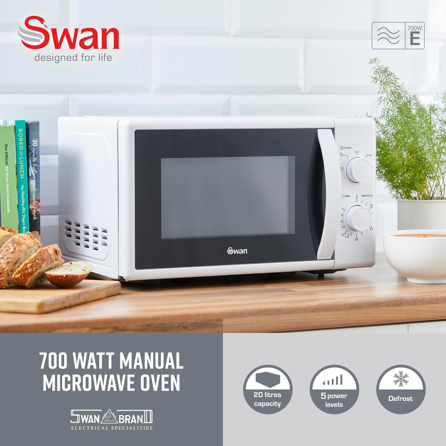 Swan SM4420WHT Manual Microwave with 5 Power Levels, 35 Minute Timer, 700W, 20L, White