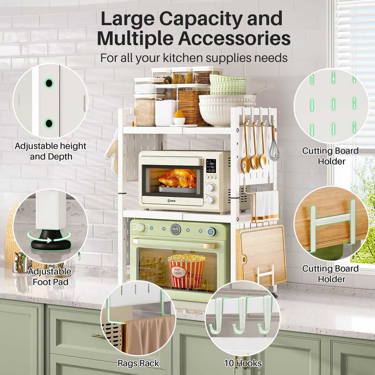 SAYZH Expandable 3 Tier White Metal Microwave Shelf, 17.4-27.4 Inch Adjustable Kitchen Counter Organizer with 10 Hooks/Cutting Board Holder/Rag Rack