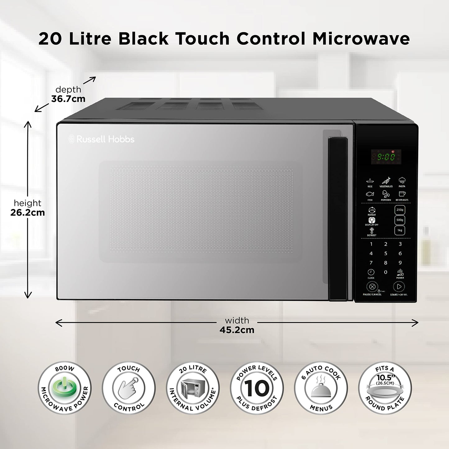 Russell Hobbs RHMT2004B 20 L 800 W Touch Control Digital Solo Microwave in Black with 10 Power Levels, 6 Auto Cook Menus, Defrost Control, Clock and