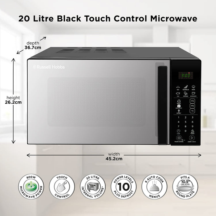 Russell Hobbs RHMT2004B 20 L 800 W Touch Control Digital Solo Microwave in Black with 10 Power Levels, 6 Auto Cook Menus, Defrost Control, Clock and
