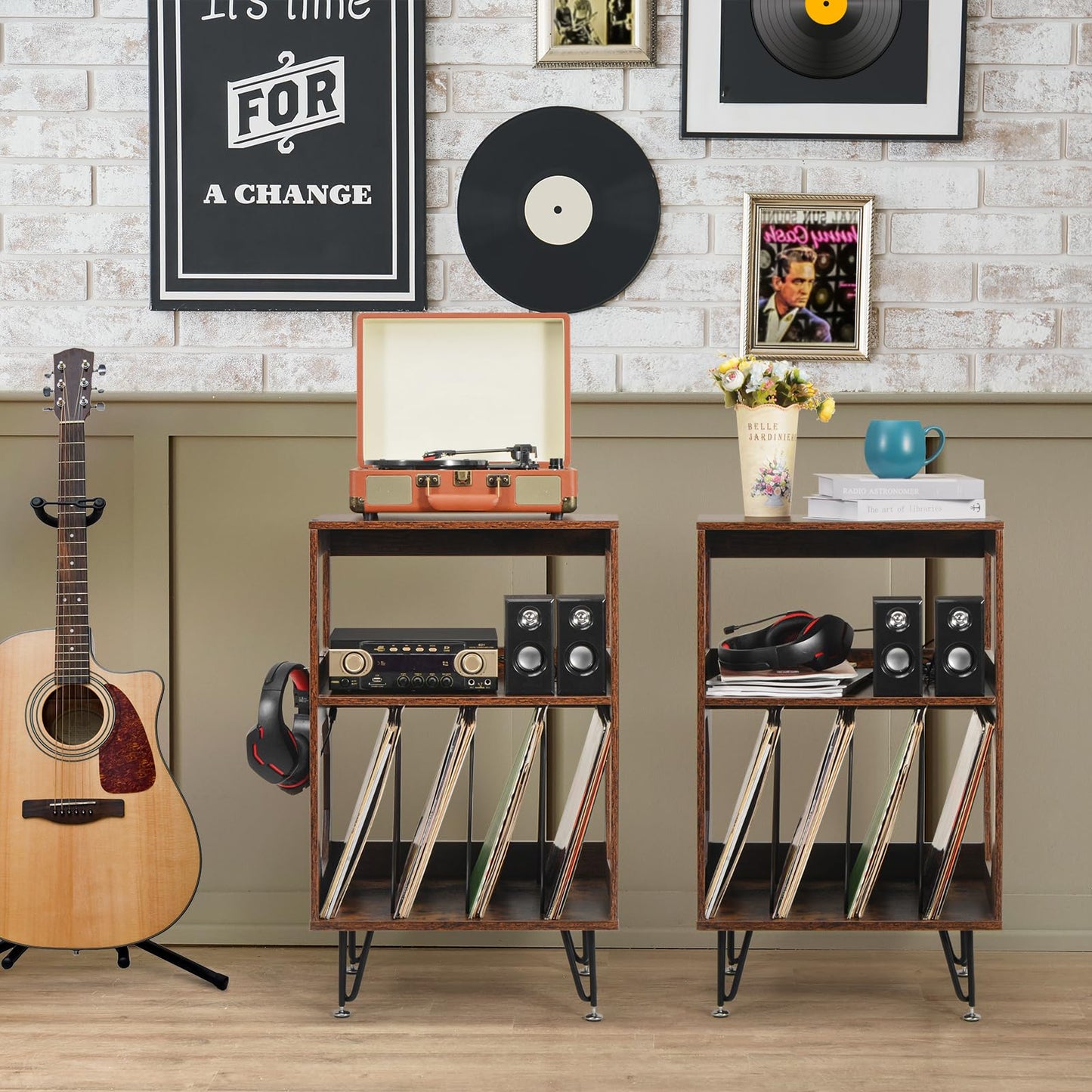 ikkle Rustic Record Player Stand, End Table with Record Storage, Vinyl Record Storage Cabinet Holder with Metal Legs, Turntable Stand Record Player