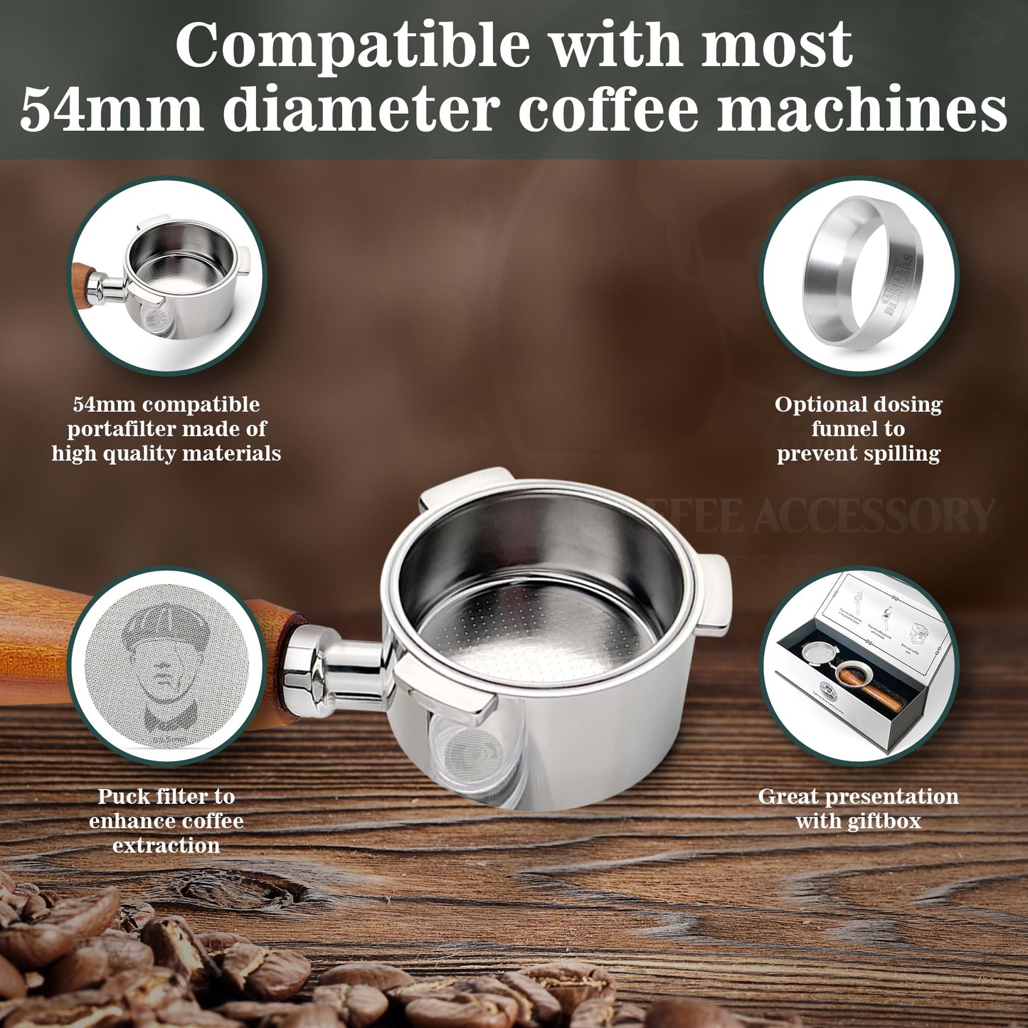 Gritty Blenders - Bottomless Coffee Portafilter 54mm with Compatible Puck Screen and Basket | Compatible with Sage Breville Barista Series 500-880,