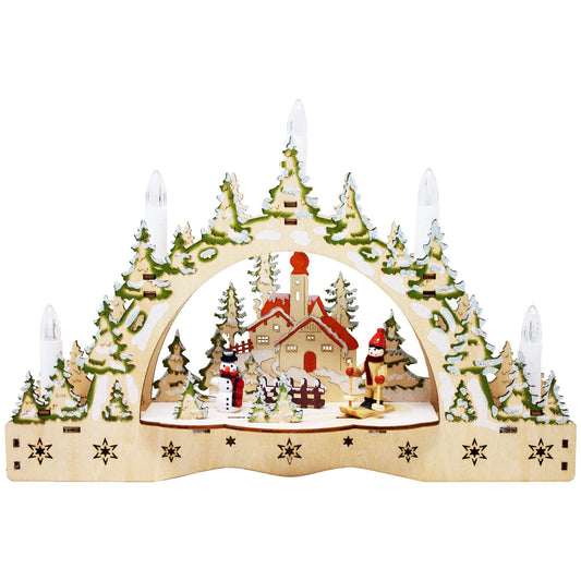 ToCi Illuminated candle arch with 5 LED candles and Christmas ski motif for Christmas decoration, window decoration and table decoration.