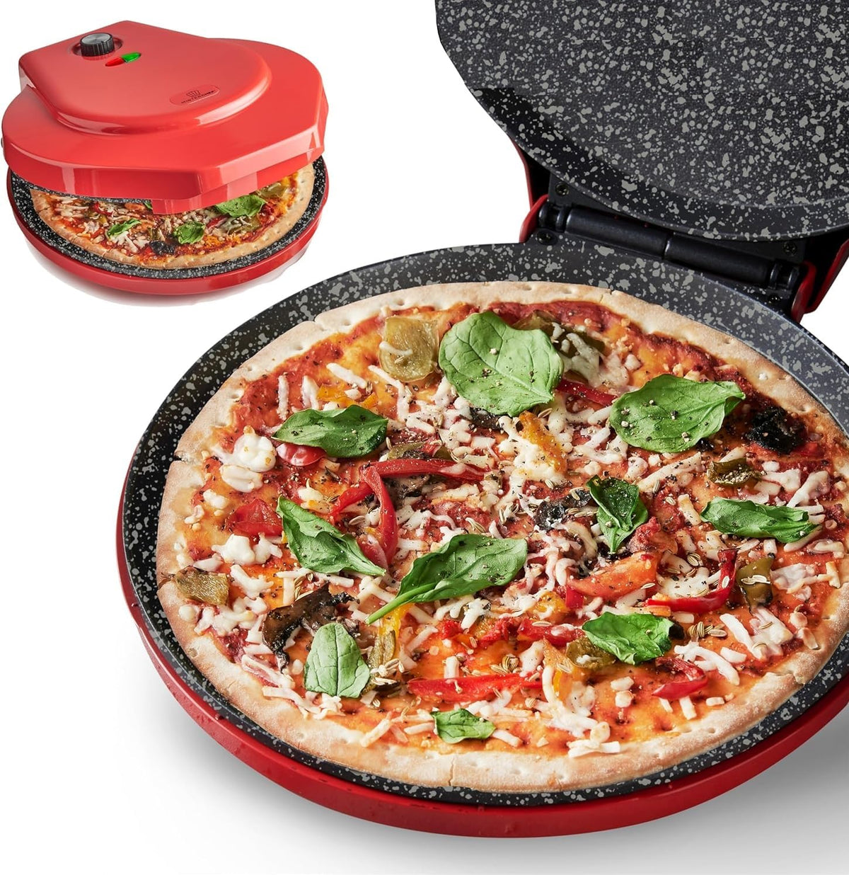 MisterChef Pizza Maker 1450W Ceramic Plates, 12 Inch / 30cm, 2,3 Metal, Free Recipe Book, Red