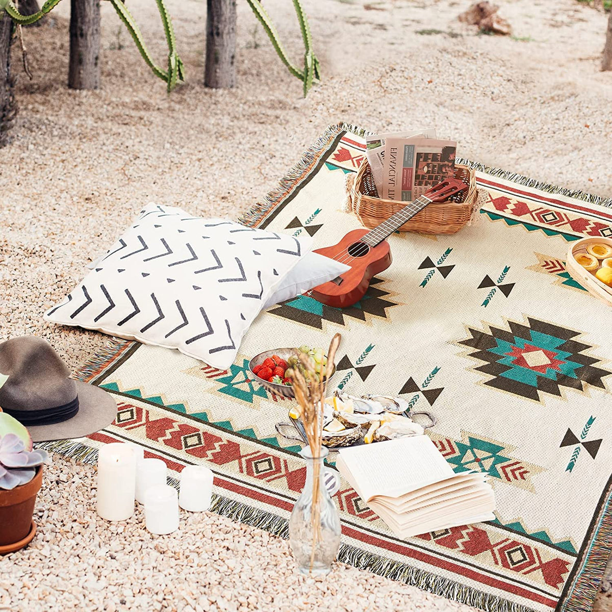 VANJOROY Aztec Sofa Large Throw Blanket with Tassels,100% Handwoven Cotton Tribal Bohemian Navajo Armchair Throw for 2 3 Seater Settees Couch and Bed.