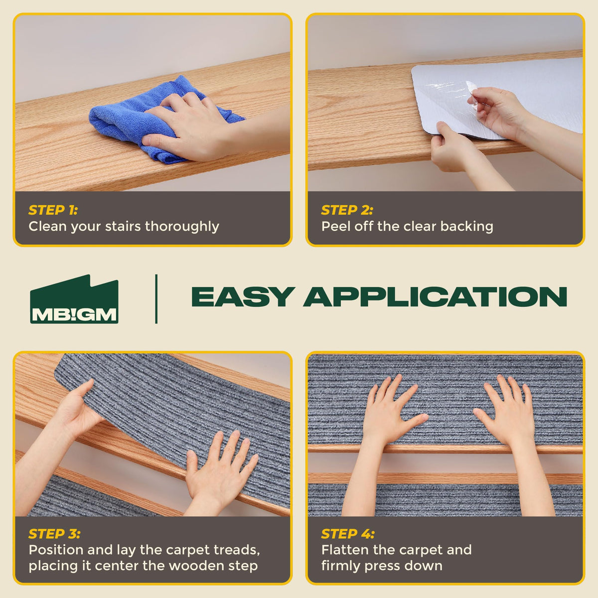 MBIGM 8" X 30" (15-Pack) Non-Slip Carpet Stair Treads Non-Skid Safety Rug Slip Resistant Indoor Runner for Kids Elders and Pets with Reusable
