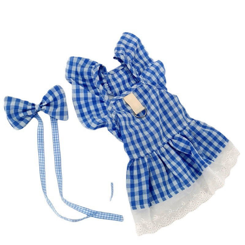 Pet Flying Shoulder Sleeve Plaid Lace Dog Skirt