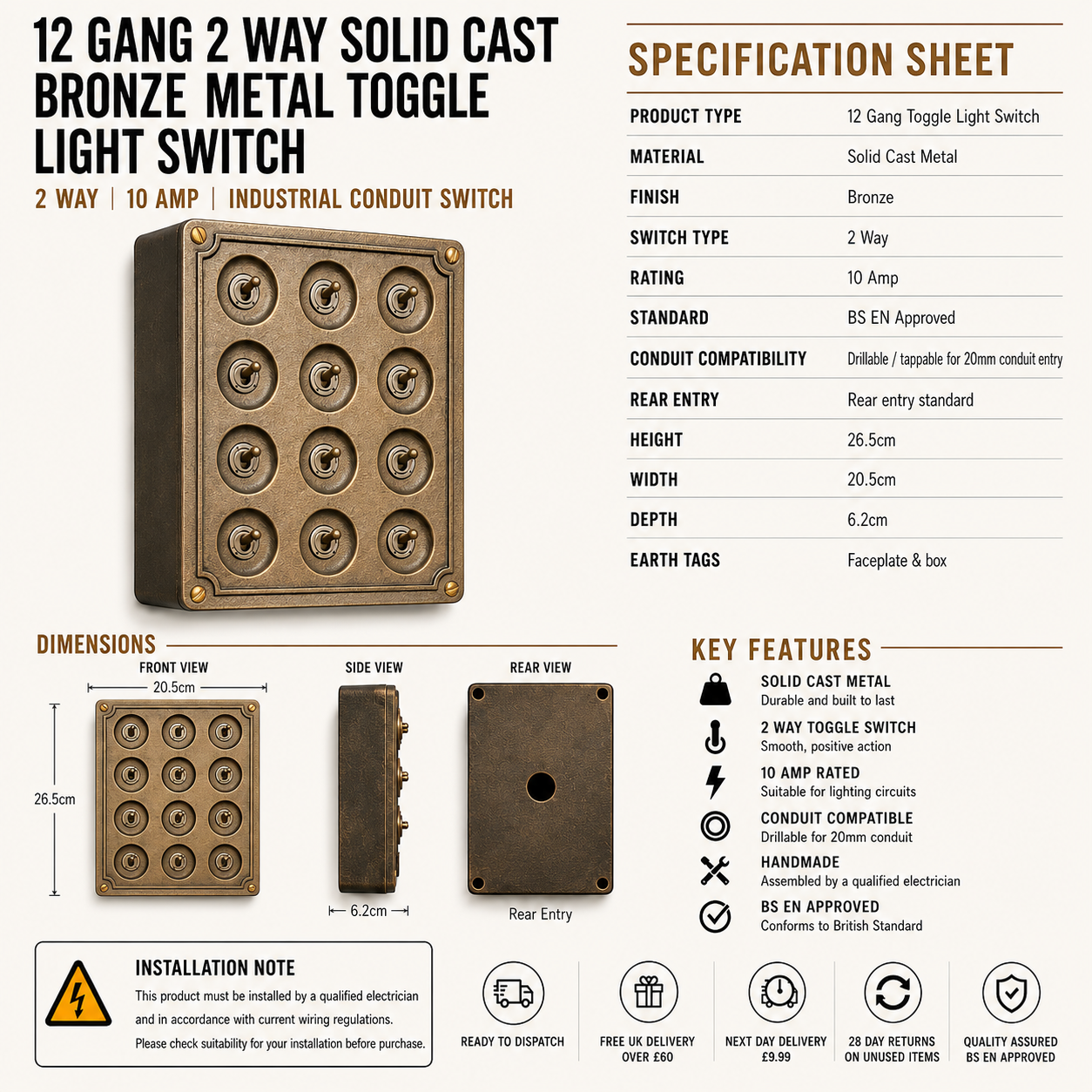 12 Gang 2 Way Bronze Cast Metal Light Switch | Surface Mount Industrial Toggle