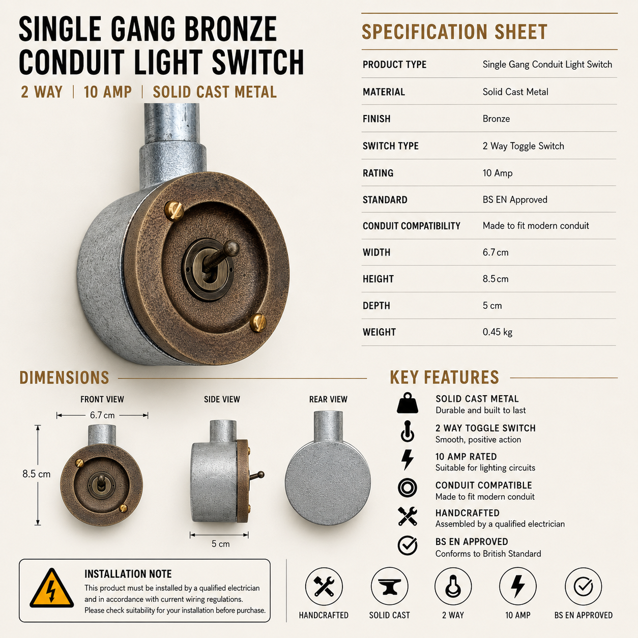 Single Gang 2 Way Antique Brass Conduit Light Toggle Switch