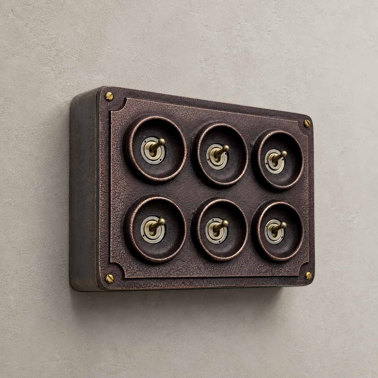 6 Gang 2 Way Antique Copper Conduit Toggle Light Switch | Cast Metal