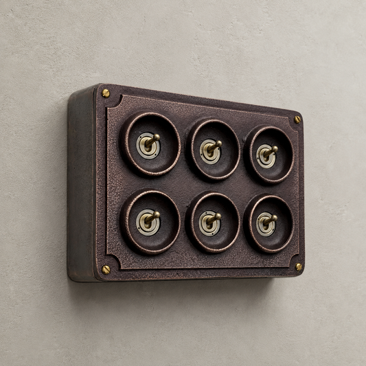 6 Gang 2 Way Antique Copper Conduit Toggle Light Switch | Cast Metal