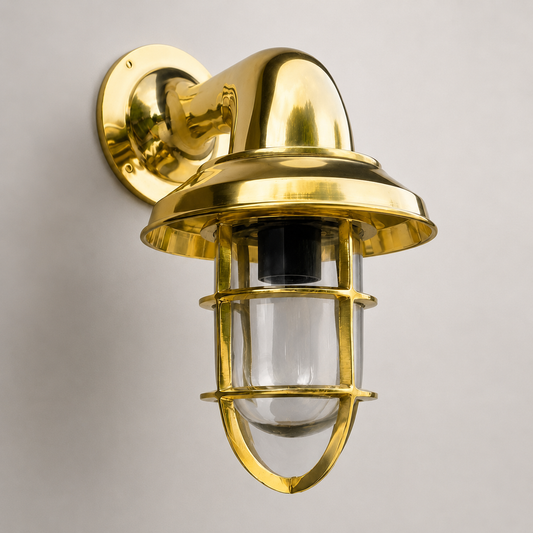 Wells Solid Brass Caged Swan Neck Wall Light - IP65