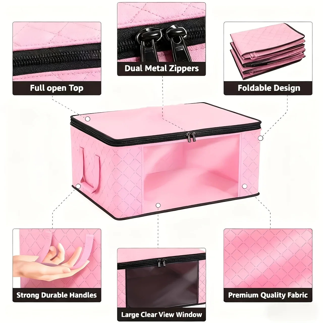 9 Pack Pink Foldable Storage Bags with Window Clothes Quilt Organisers Boxes Zip