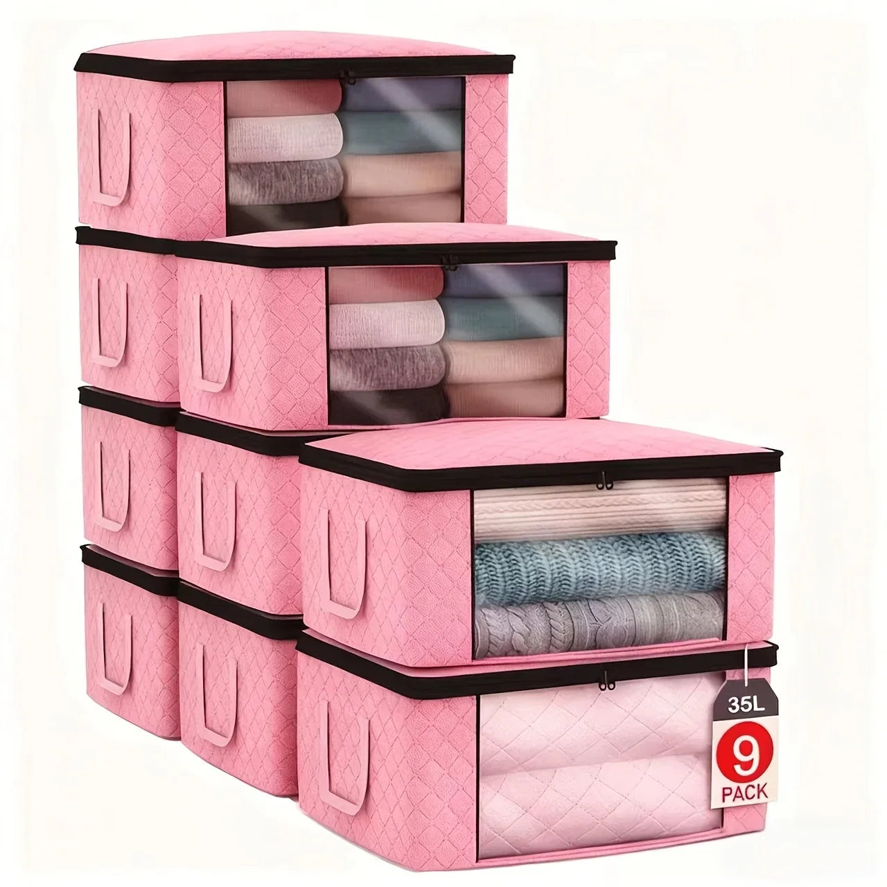 9 Pack Pink Foldable Storage Bags with Window Clothes Quilt Organisers Boxes Zip