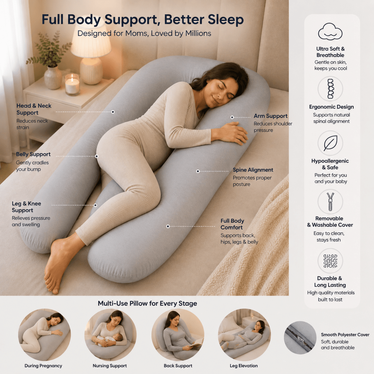 9 Ft Maternity Pillow And Case - White