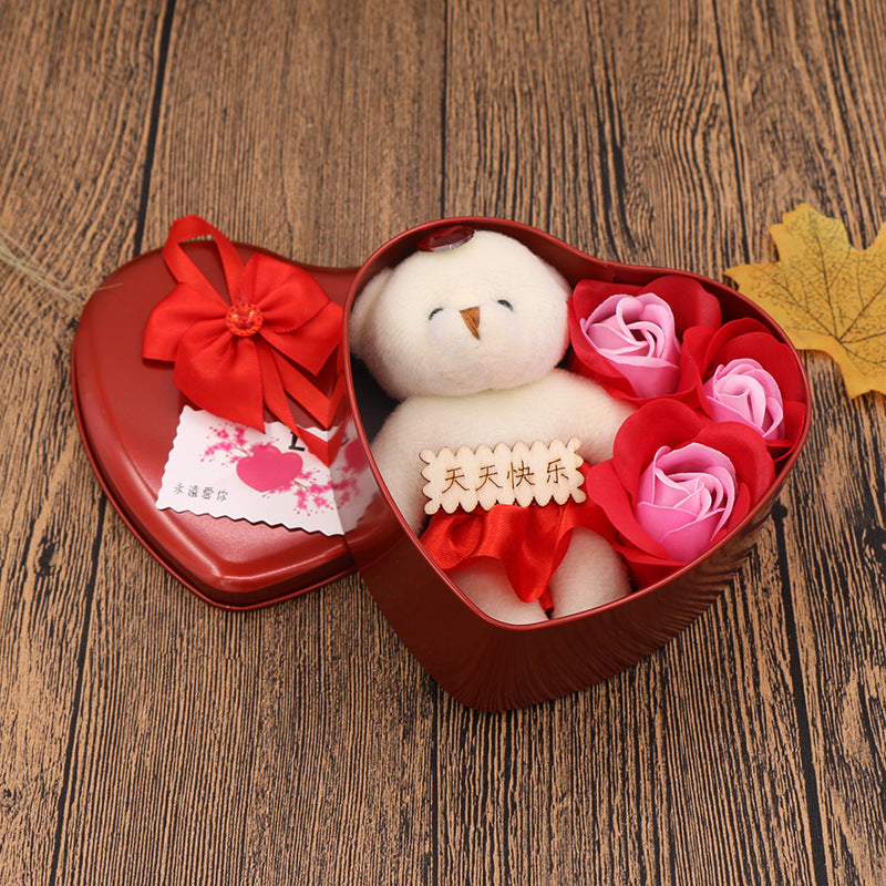 Soap Flower Gift Box Valentine's Day Gift Mother's Day Creative Gifts Bear Flower Rose Heart Shaped Tin Box