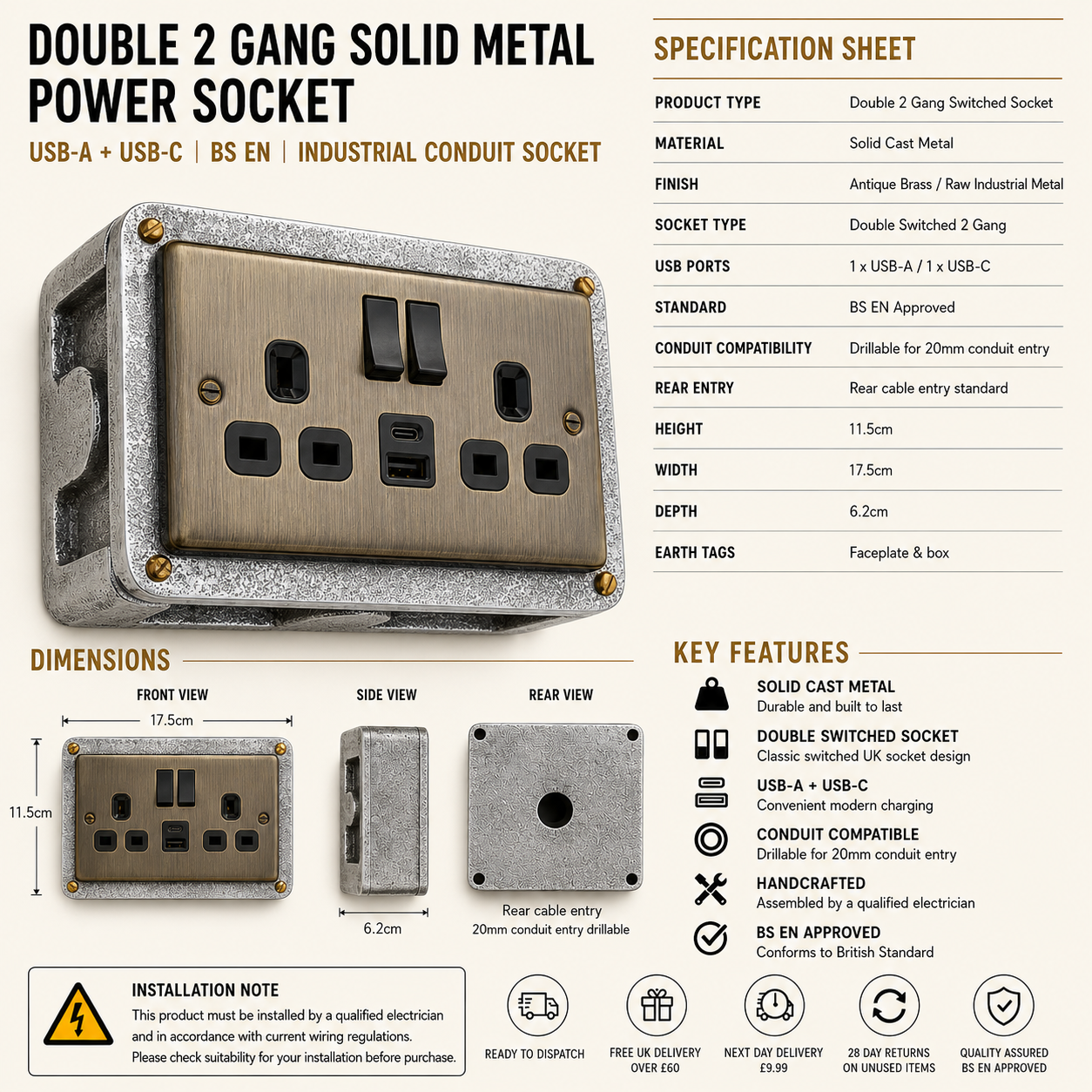 Antique Brass Double Switched Socket | 13A 2 Gang Solid Cast Metal