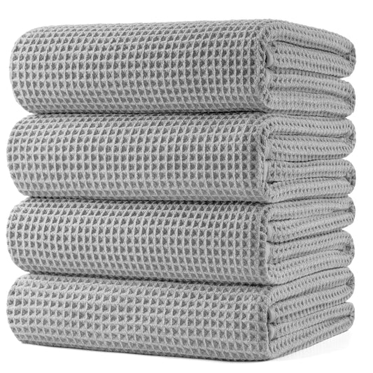 POLYTE Microfibre Oversize Quick Dry Lint Free Bath Towel, 152 x 76 cm, 4 Pack Light Grey, Waffle Weave