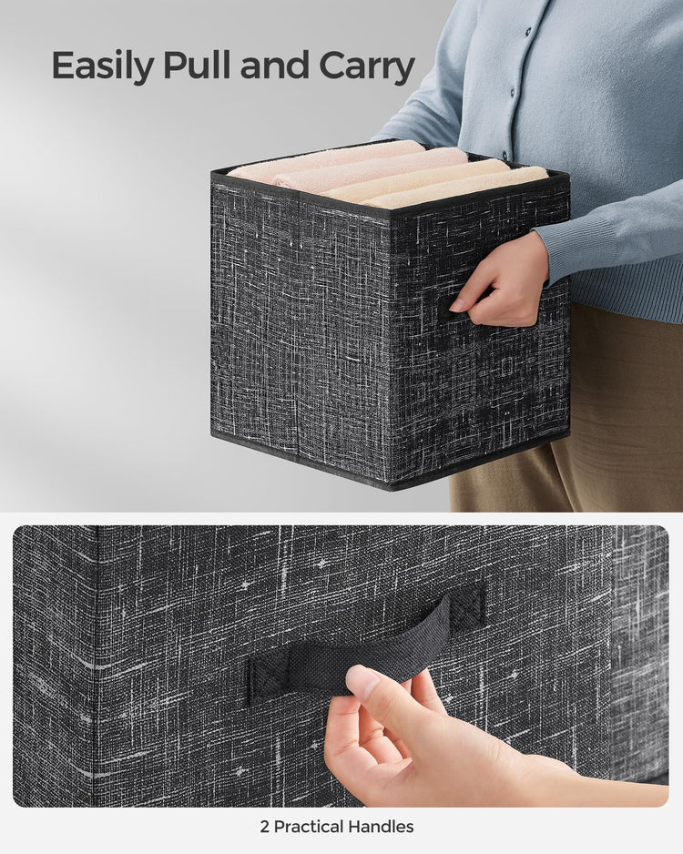SONGMICS Storage Cubes, 33 cm Non-Woven Fabric Bins with Double Handles, Set of 8, Wardrobe Organisers for Shelves, Foldable, for Clothes, Ink Black