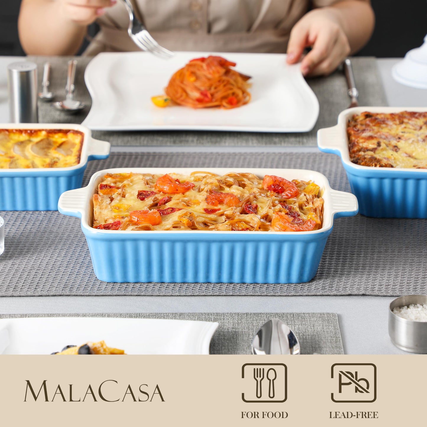 MALACASA, Series Bake, Rectangular Baking Dish Set of 4 (9"/11"/12"/14"), Oven to Table Baking Dish with Ceramic Handles Ideal for