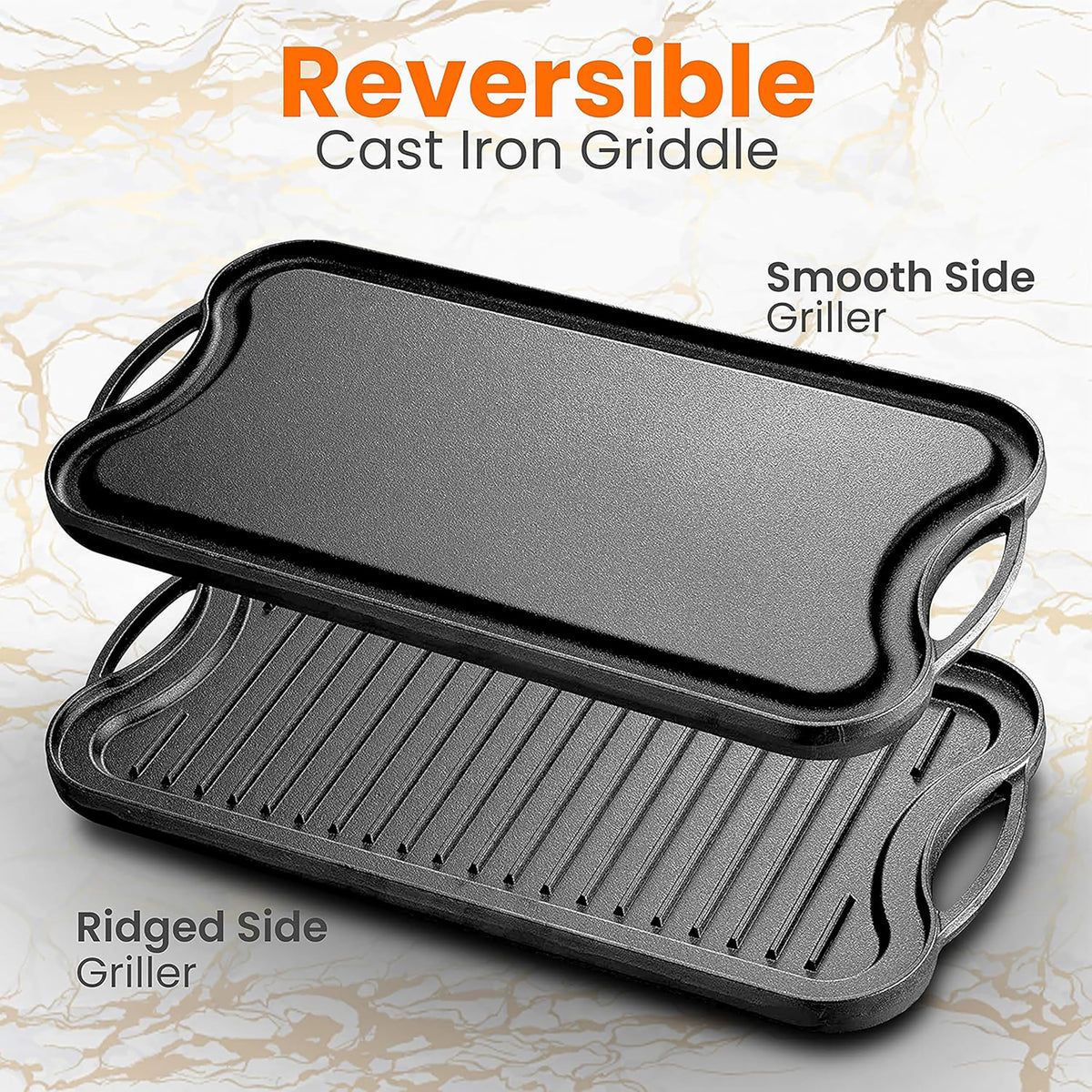 Nutrichef Reversible Cast Iron Griddle Pan  50.7cm x 25.7cm, Non-Stick Flat & Ridged Grill Plate for Hob, Oven & BBQ, Induction & Gas Safe,
