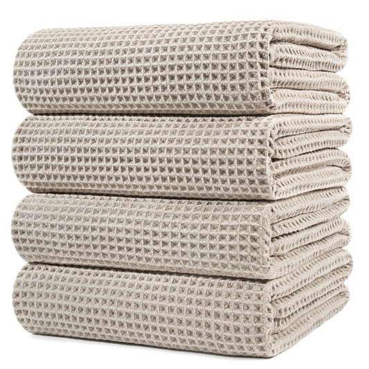 POLYTE Microfibre Oversize Quick Dry Lint Free Bath Towel, 152 x 76 cm, 4 Pack Beige, Waffle Weave
