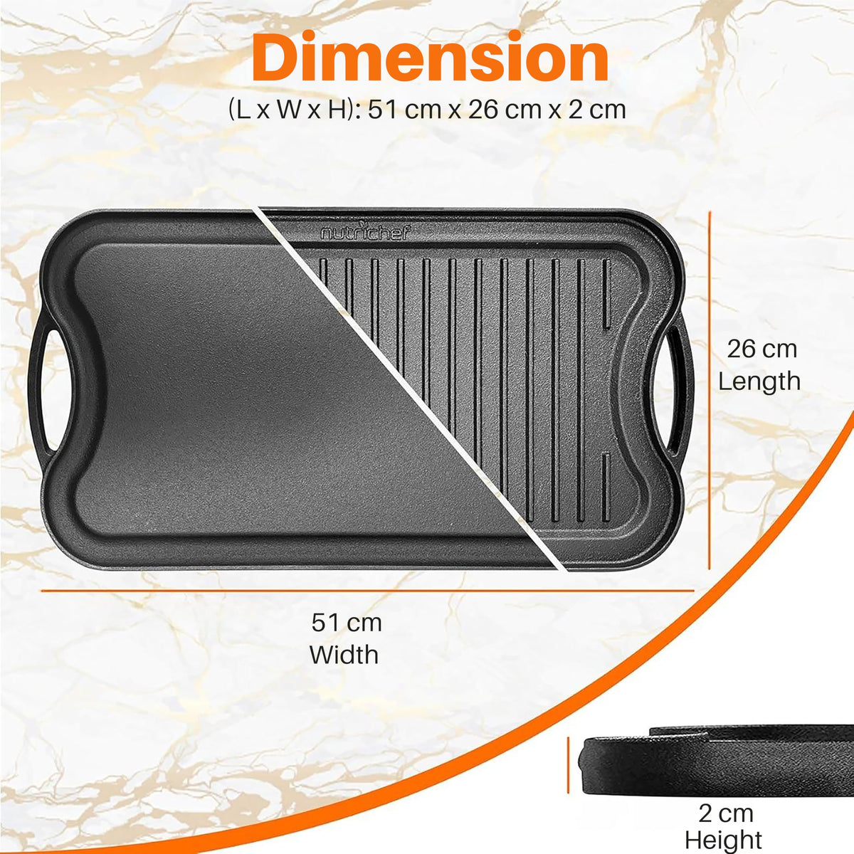 Nutrichef Reversible Cast Iron Griddle Pan  50.7cm x 25.7cm, Non-Stick Flat & Ridged Grill Plate for Hob, Oven & BBQ, Induction & Gas Safe,