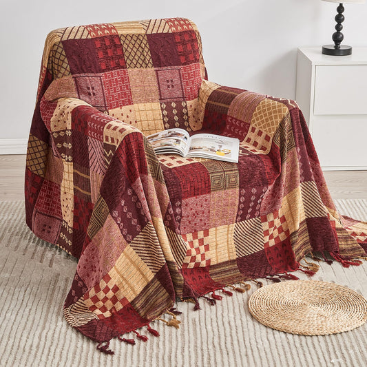 Edcooy Boho Throw Blanket,Patchwork Large Blankets for Sofa Double Bed Armchair Couch,Weighted Soft Furniture Throws,Tassels Chenille Throws and