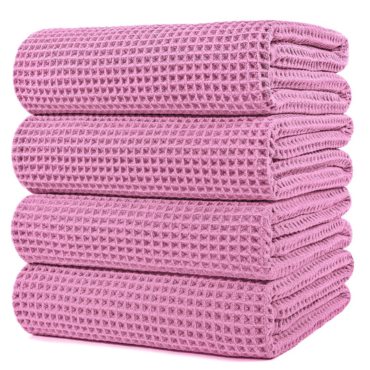 POLYTE Microfibre Oversize Quick Dry Lint Free Bath Towel, 152 x 76 cm, 4 Pack Pink, Waffle Weave
