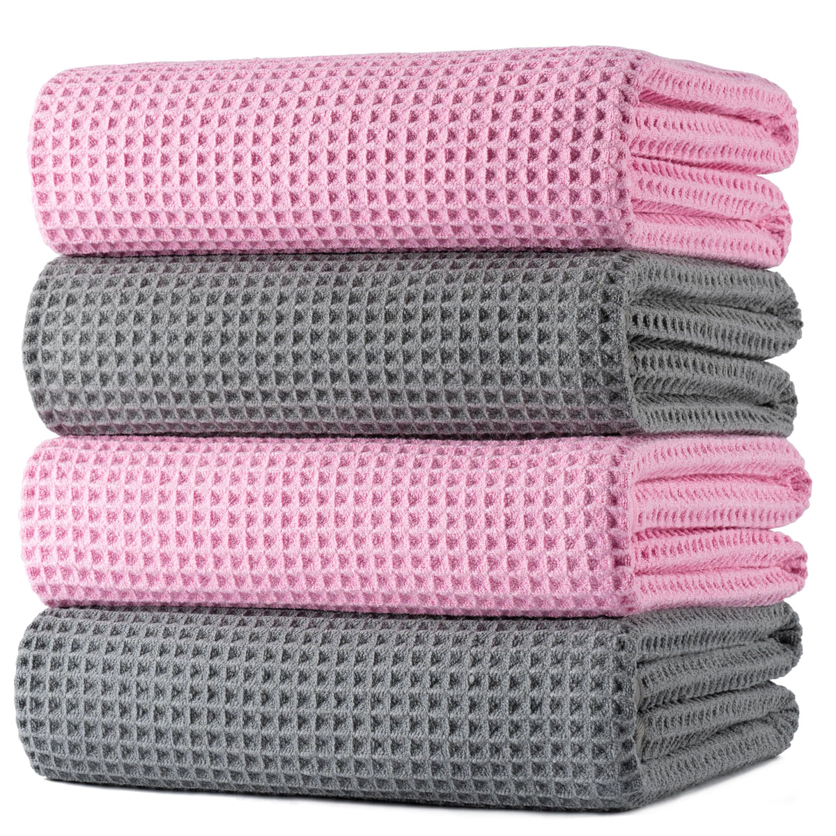 POLYTE Microfibre Oversize Quick Dry Lint Free Bath Towel, 152 x 76 cm, 4 Pack (Grey,Pink, Waffle Weave)