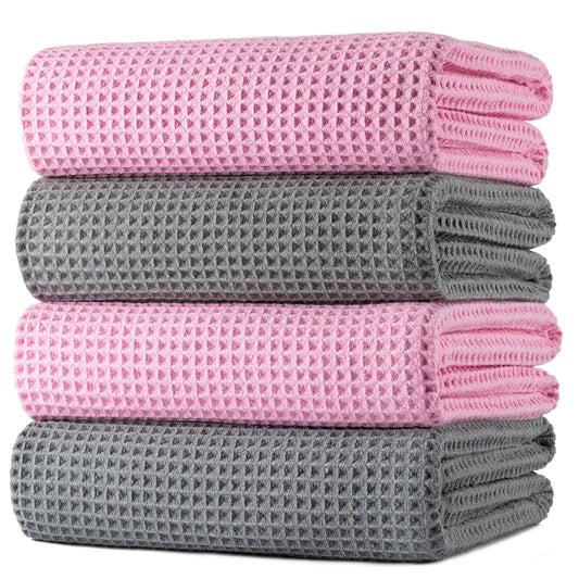 POLYTE Microfibre Oversize Quick Dry Lint Free Bath Towel, 152 x 76 cm, 4 Pack Grey,Pink, Waffle Weave