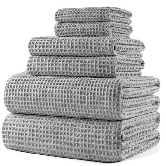 POLYTE Microfibre Oversize, 76 x 152 cm, Quick Dry Lint Free Bath Towel Set, 6 Piece Light Grey, Waffle Weave