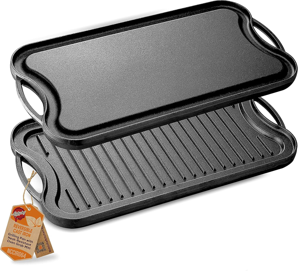 Nutrichef Reversible Cast Iron Griddle Pan  50.7cm x 25.7cm, Non-Stick Flat & Ridged Grill Plate for Hob, Oven & BBQ, Induction & Gas Safe,