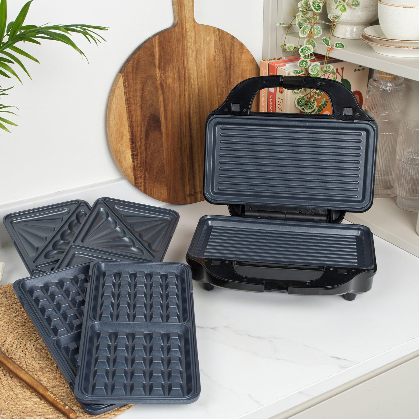 Salter EK2143 3-In-1 Snack Maker - Sandwich Toaster, Waffle Maker, Panini Press Grill, Includes Removable Extra Large Deep Fill Hot Plates, Non-Stick,