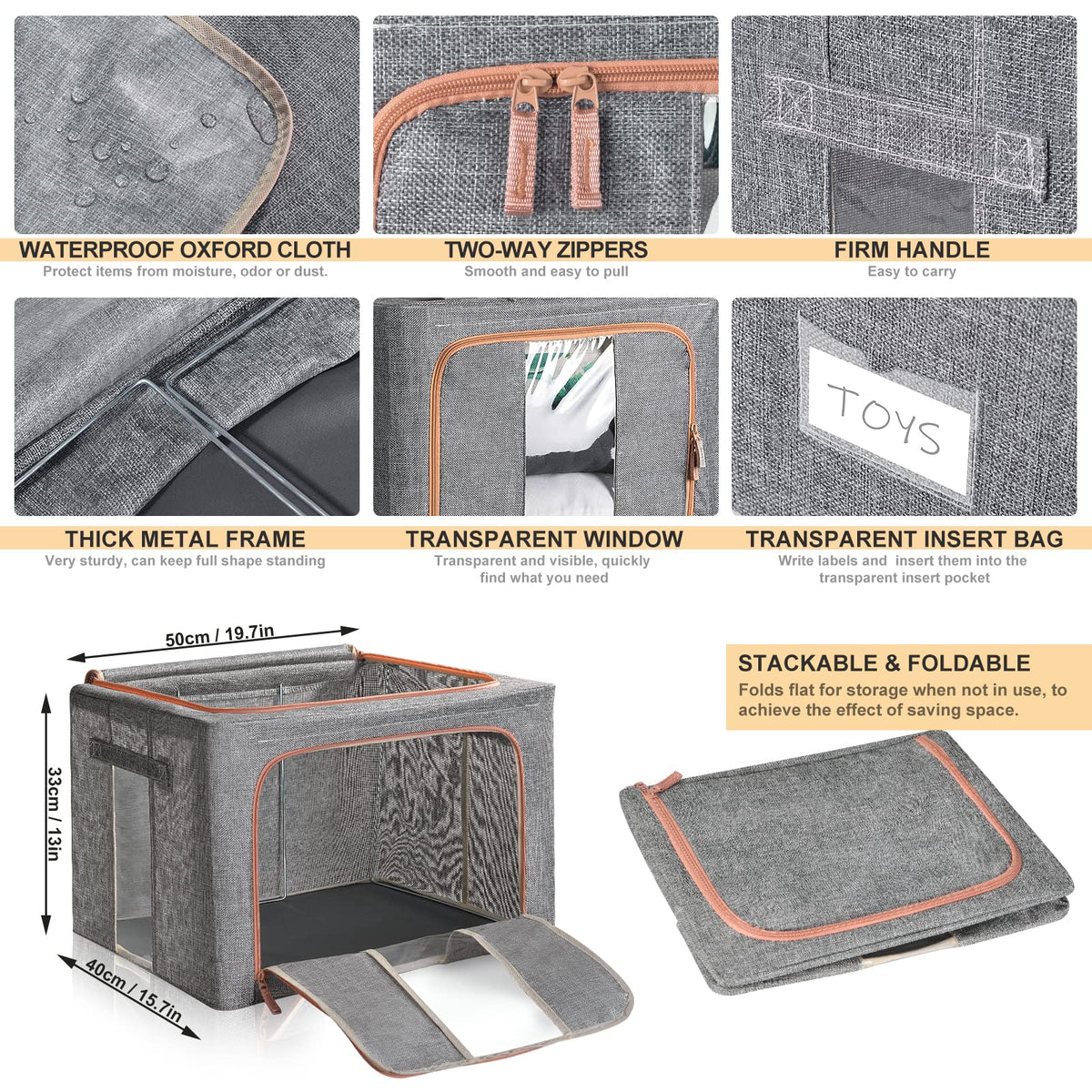 Steel Frame Storage Box, 66L Clothes Storage Bag with Double Opening Zipper,Thick Cotton Linen Protect from Moisture Dust,Perfect for Clothing Toys