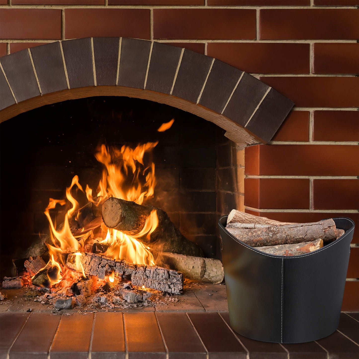 Relaxdays Faux Leather Firewood Basket, Sturdy Log Storage Bin with Handles, Size L, Black, Cardboard, 31.5 x 39.5 x 38 cm