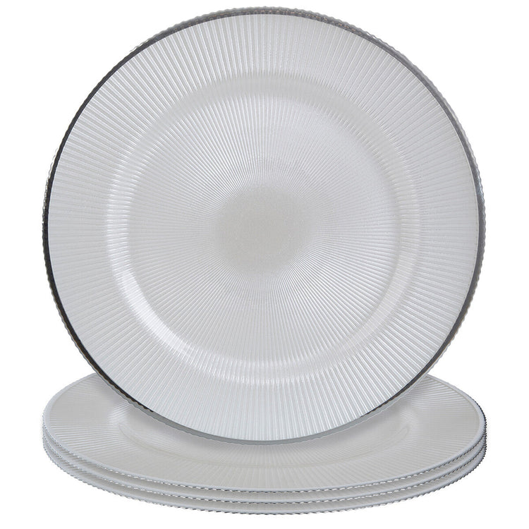 Set of Four 33cm Dia Embossed White Glass Charger Plates | Ida
