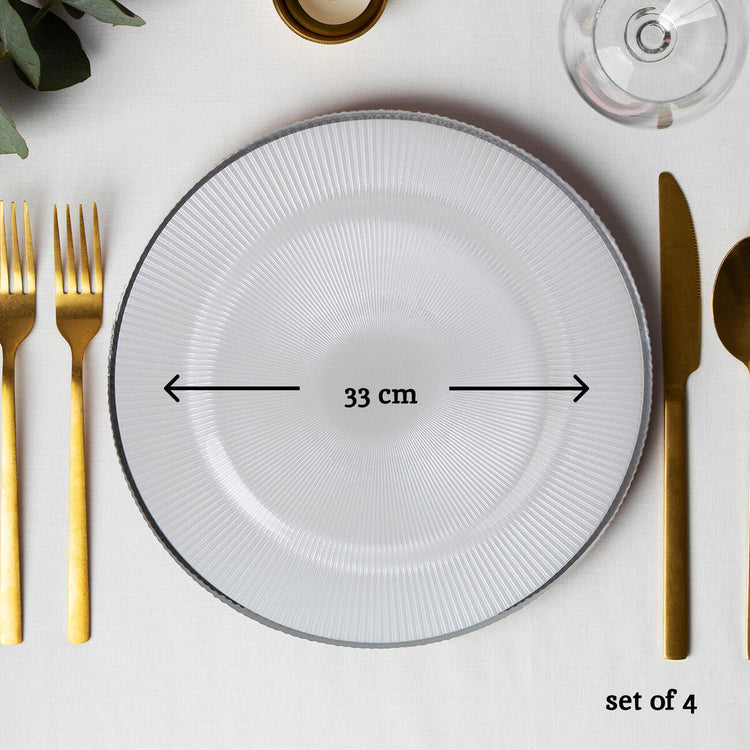 Set of Four 33cm Dia Embossed White Glass Charger Plates | Ida