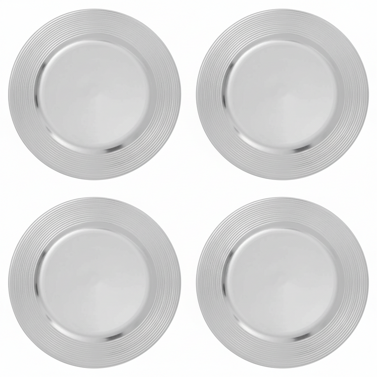 Set of Four 33cm Silver Charger Plates with Ribbed Rims | Dia