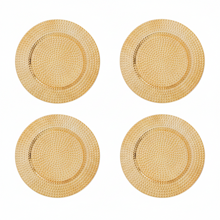 Set of Four 33cm Gold Finish Hammered Charger Plates | Dia