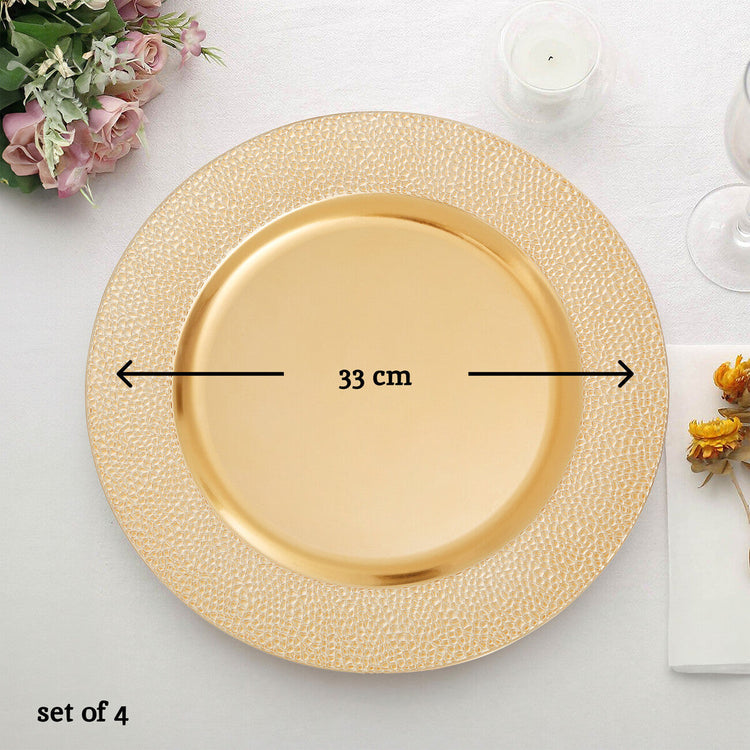 Set of Four 33cm Gold Finish Pebble Effect Charger Plates | Dia