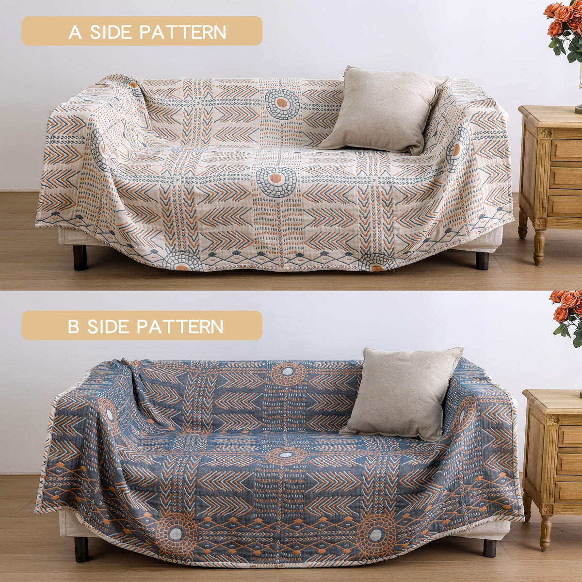 VANJOROY Double-sided Bohemian Sofa Bed Large Throw Blanket, 100% Pure Organic Cotton Soft Boho Throw for 2 3 Seater Settees Armchair Couch and