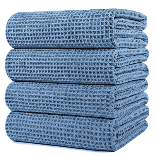 POLYTE Microfibre Oversize Quick Dry Lint Free Bath Towel, 152 x 76 cm, 4 Pack Blue, Waffle Weave
