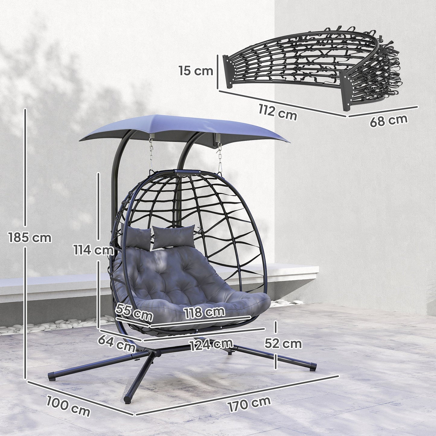 Outsunny Rattan Double Hanging Egg Chair with Canopy, Foldable Wicker Swing Egg Chair with Cushion, Head Pillows, Stand, Steel Frame, Hammock Chair for Indoor Outdoor, Capacity 260 kg, Black